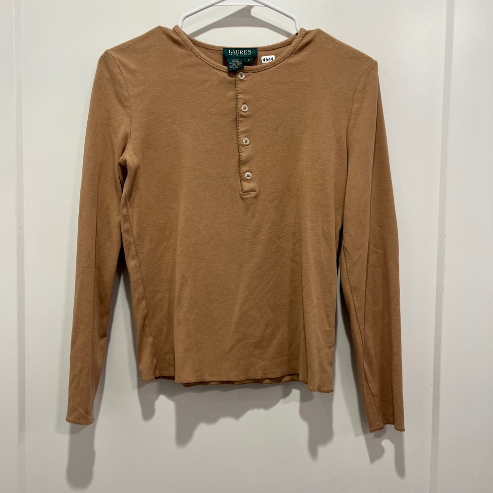 Lauren Ralph Lauren Henley Top Tan Brown Elbow Patches Cotton Small